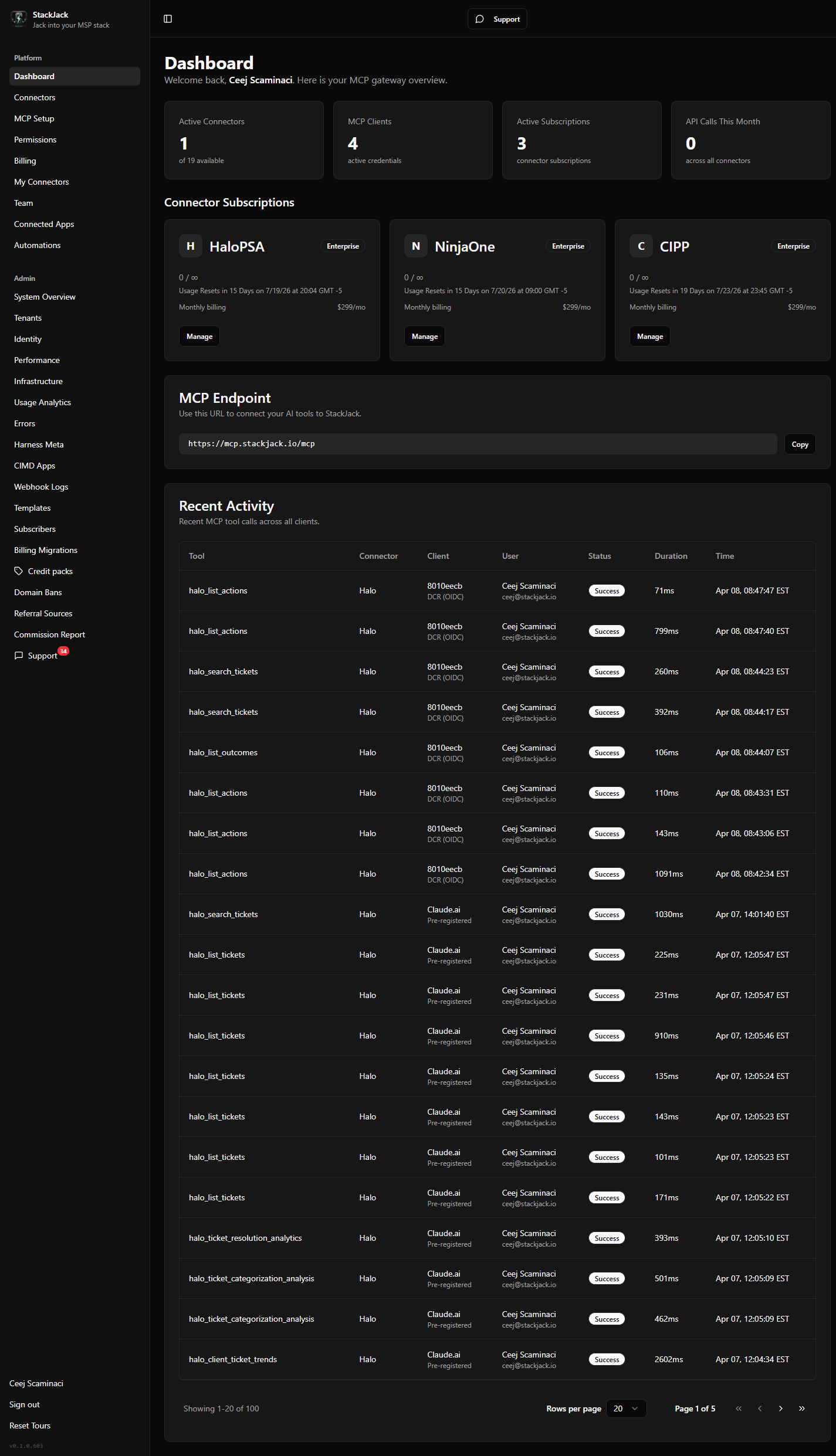 The StackJack Portal Dashboard for a configured tenant — sidebar visible, summary cards populated, and the MCP endpoint card showing https://mcp.stackjack.io/mcp