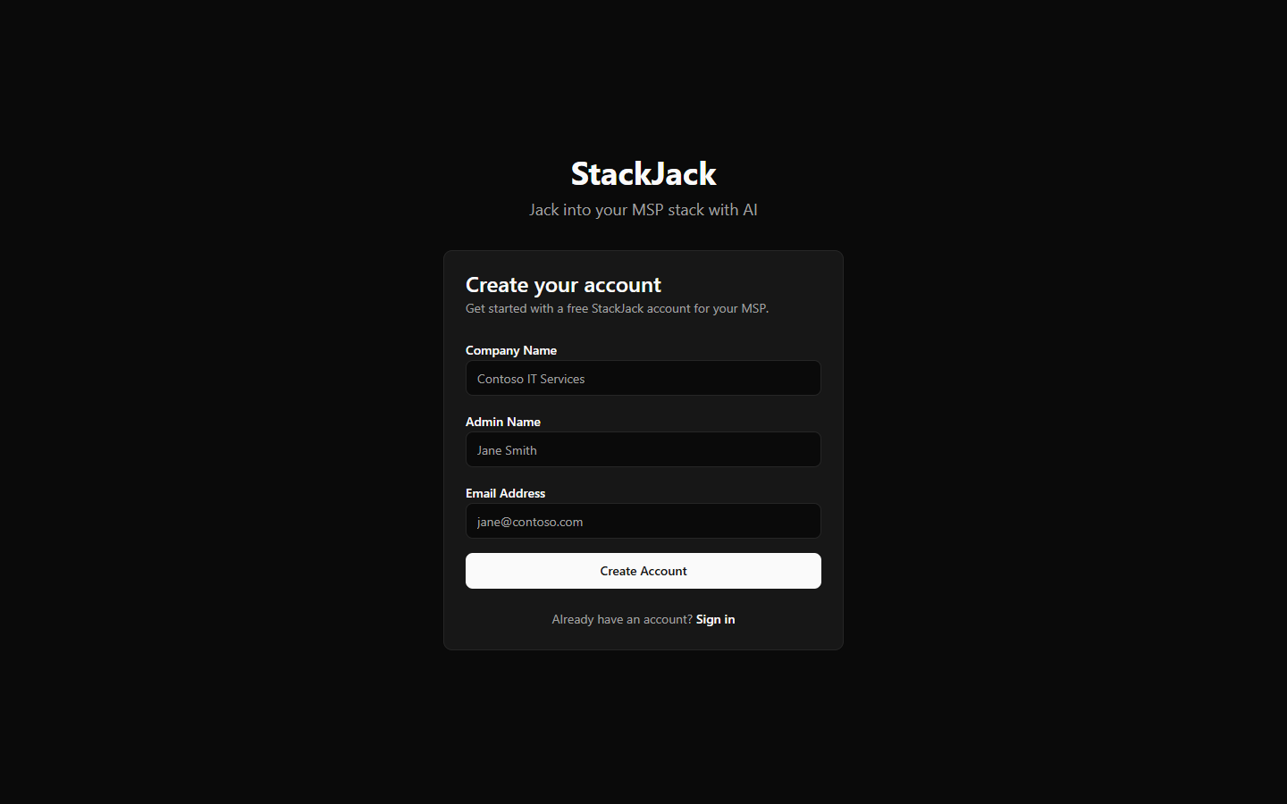 The blank /signup form showing the Company Name, Admin Name, and Email fields with the Create Account button