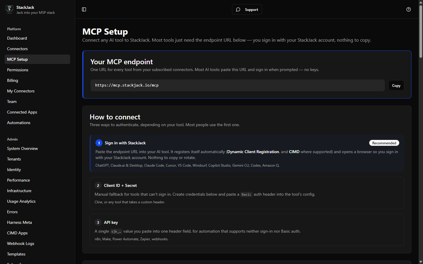 The endpoint cards at the top of the MCP Setup page, showing the URL and Copy button