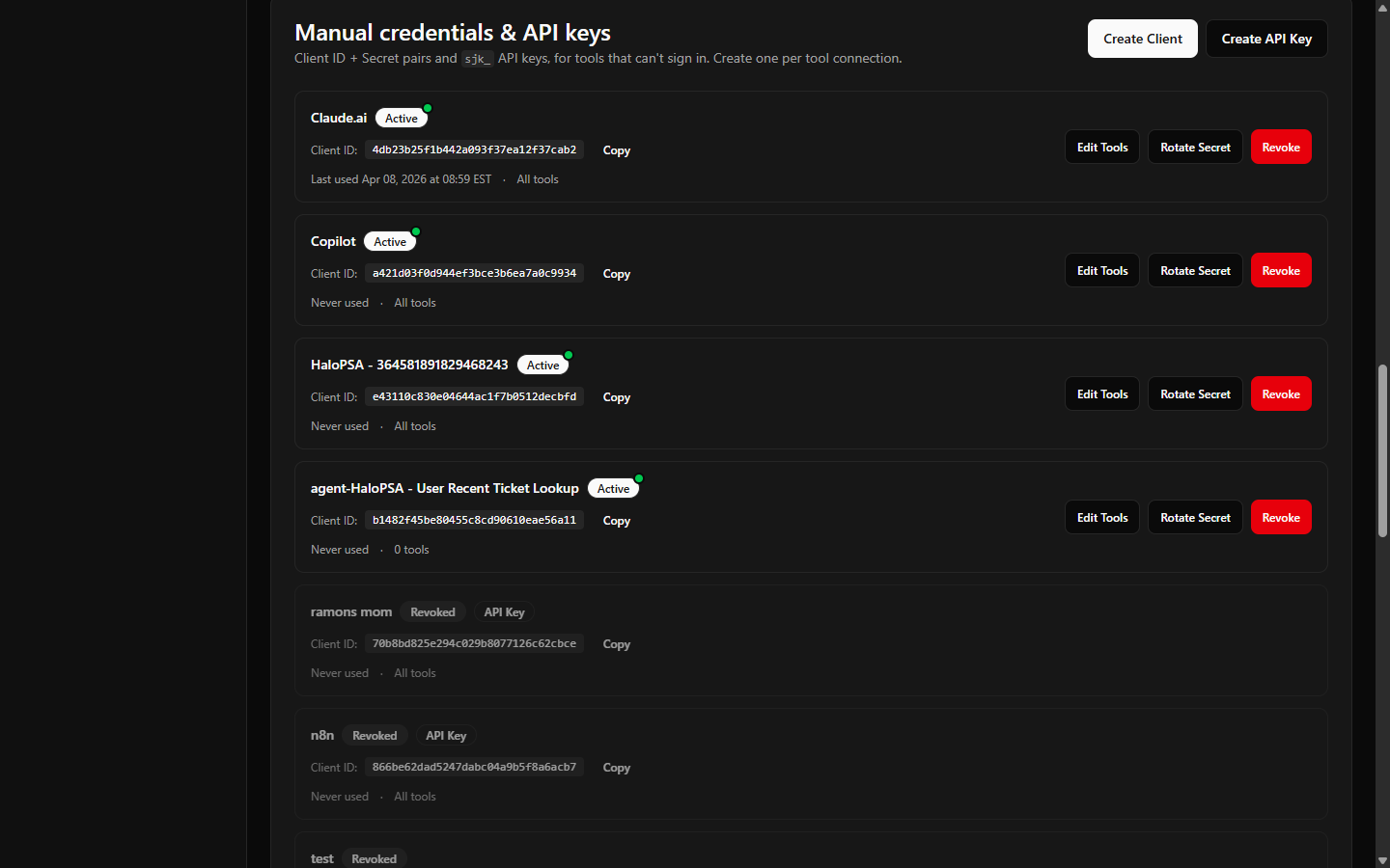 The Client IDs & API keys card with one active client row showing badges, Client ID, last-used time, and the action buttons