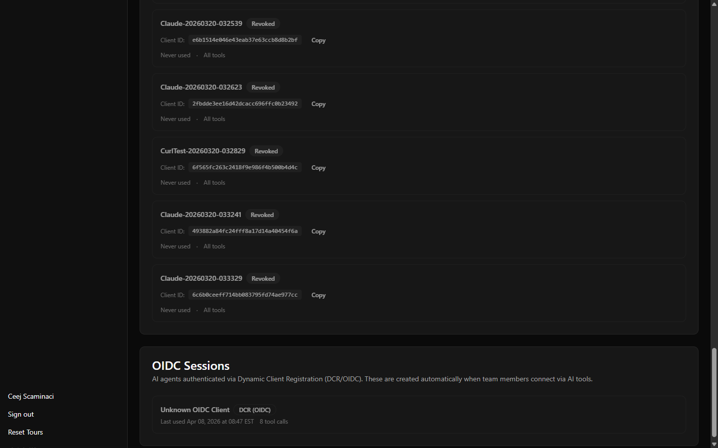 An AI session row showing an active DCR connection with name, badges, last-used time, and tool-call count