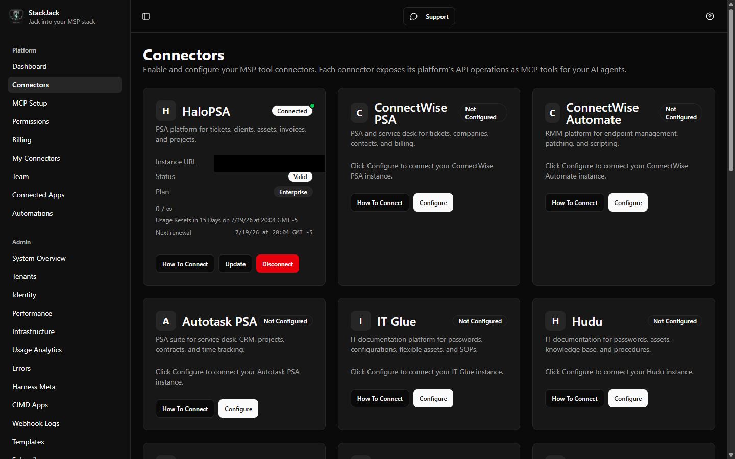 The Connectors page card grid showing a mix of Connected and Not Configured connector cards.