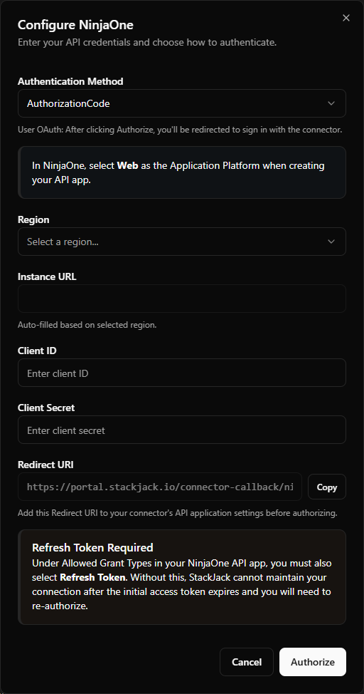 StackJack NinjaOne configure dialog in OAuth mode — region dropdown, copyable Redirect URI row, and the "Refresh Token Required" warning alert