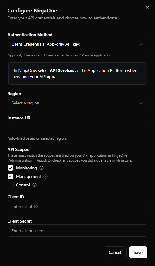 StackJack NinjaOne configure dialog in Client Credentials mode — region dropdown and the three API scope checkboxes with info tooltips