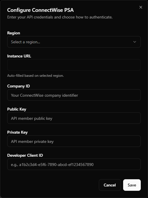 StackJack ConnectWise PSA configure dialog showing the region dropdown and the four credential fields