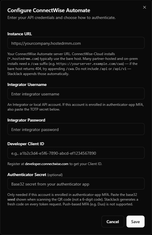 StackJack ConnectWise Automate configure dialog showing all five fields, with the Authenticator Secret field in its "currently configured — leave blank to keep" state