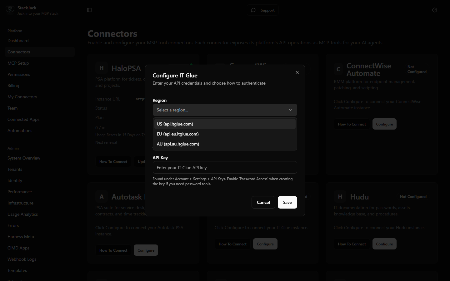 The IT Glue configure dialog on /connectors with the Region dropdown open showing US/EU/AU options and the API Key field filled with a masked value.