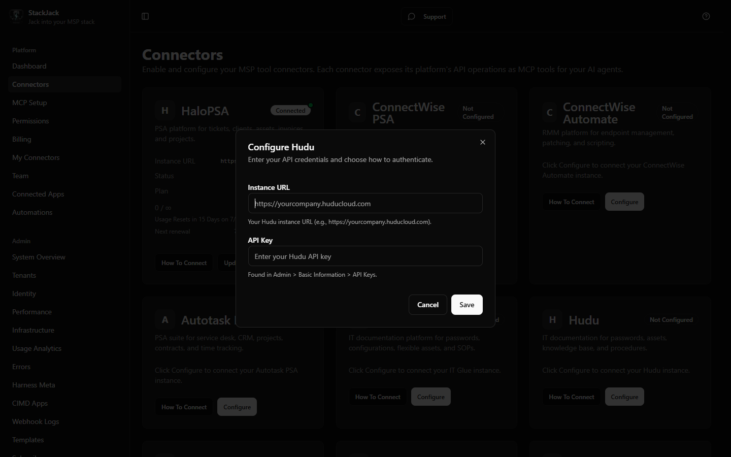 StackJack Hudu configure dialog with Instance URL and API Key fields