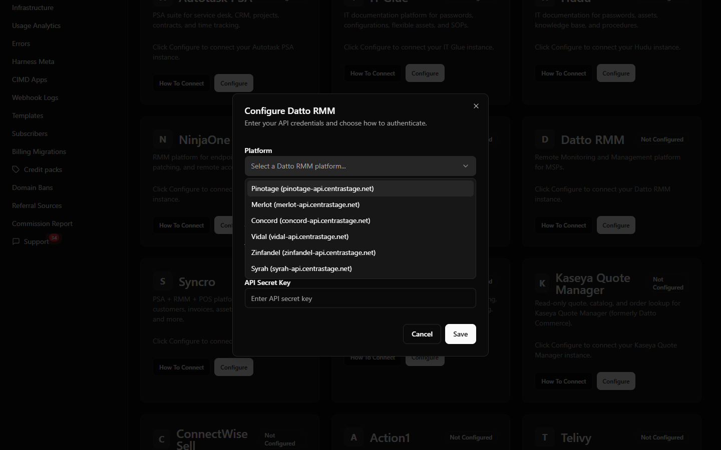 StackJack Datto RMM configure dialog with the platform dropdown open showing the six pods
