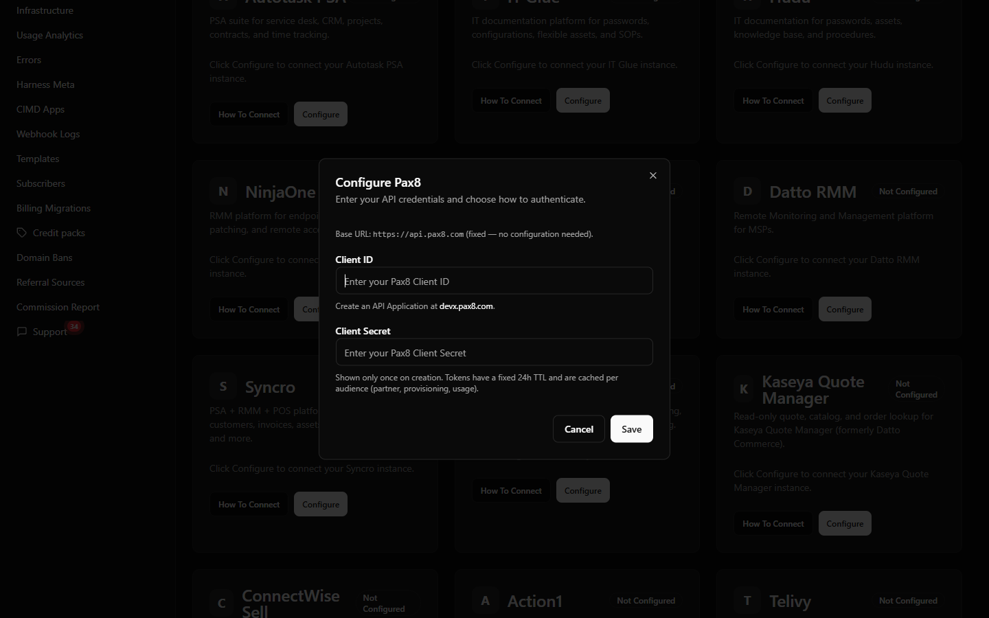 The Pax8 configure dialog on /connectors showing the fixed base URL note, Client ID filled, and Client Secret masked.