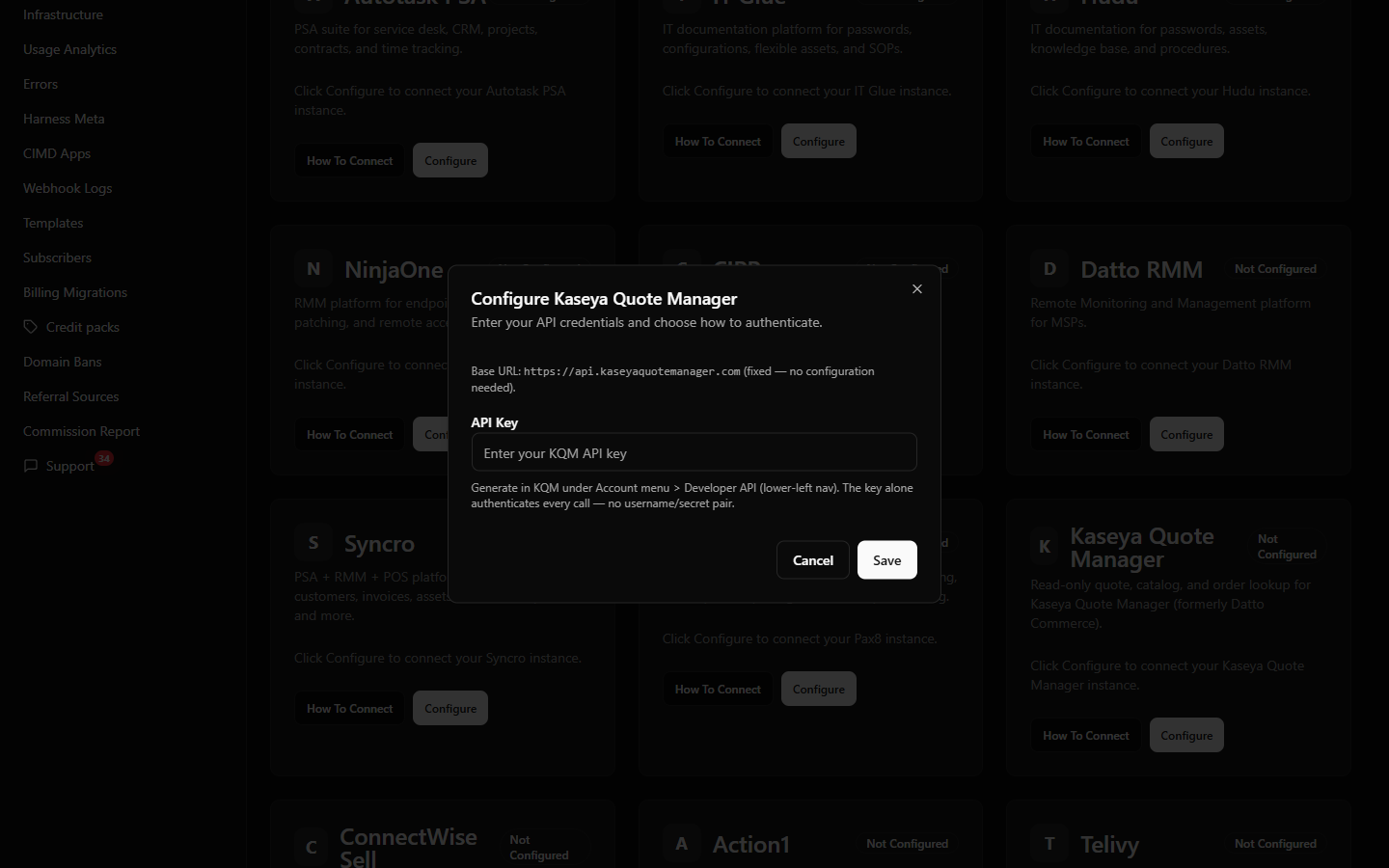 The Kaseya Quote Manager configure dialog on /connectors showing the fixed base URL note and the API Key field with a masked value.