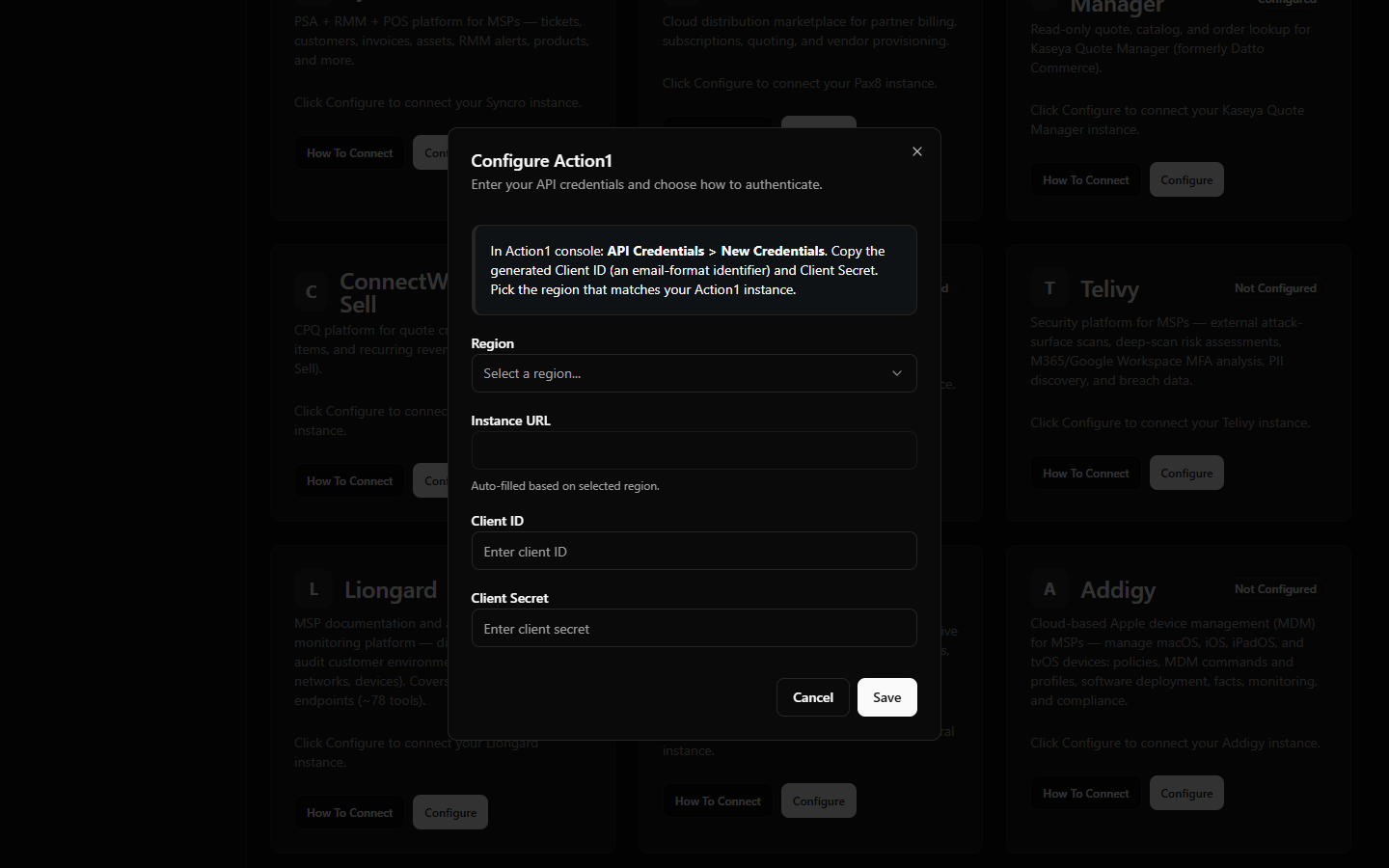 StackJack Connectors page — Action1 configure dialog showing the region dropdown, auto-filled Instance URL, and Client ID / Client Secret fields.