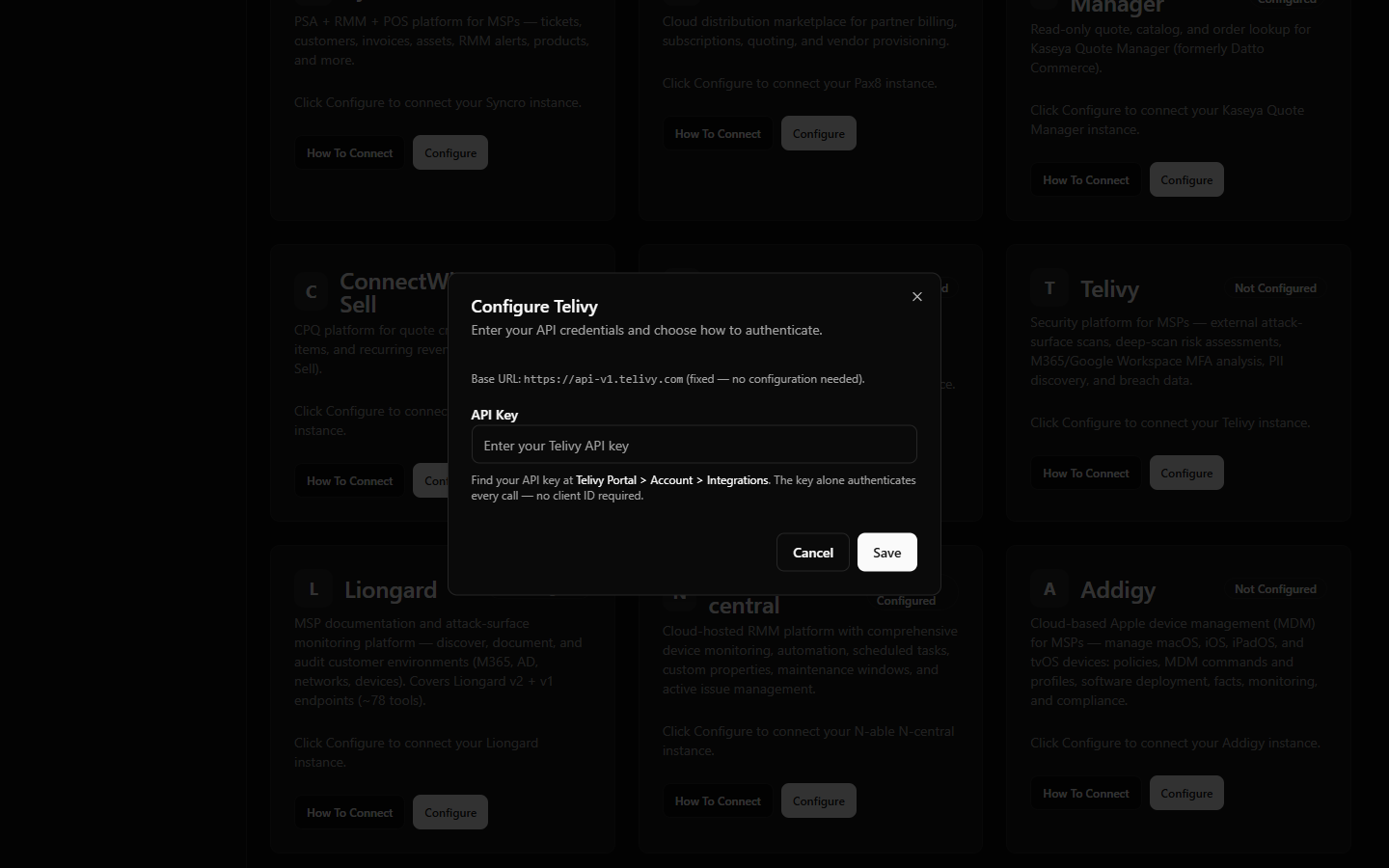 StackJack Connectors page — Telivy configure dialog showing the fixed base URL note and the single API Key field.