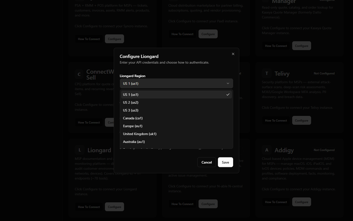 StackJack Connectors page — Liongard configure dialog with the region dropdown open, and again with "Other (custom)" selected showing the Custom Subdomain field and live URL preview.