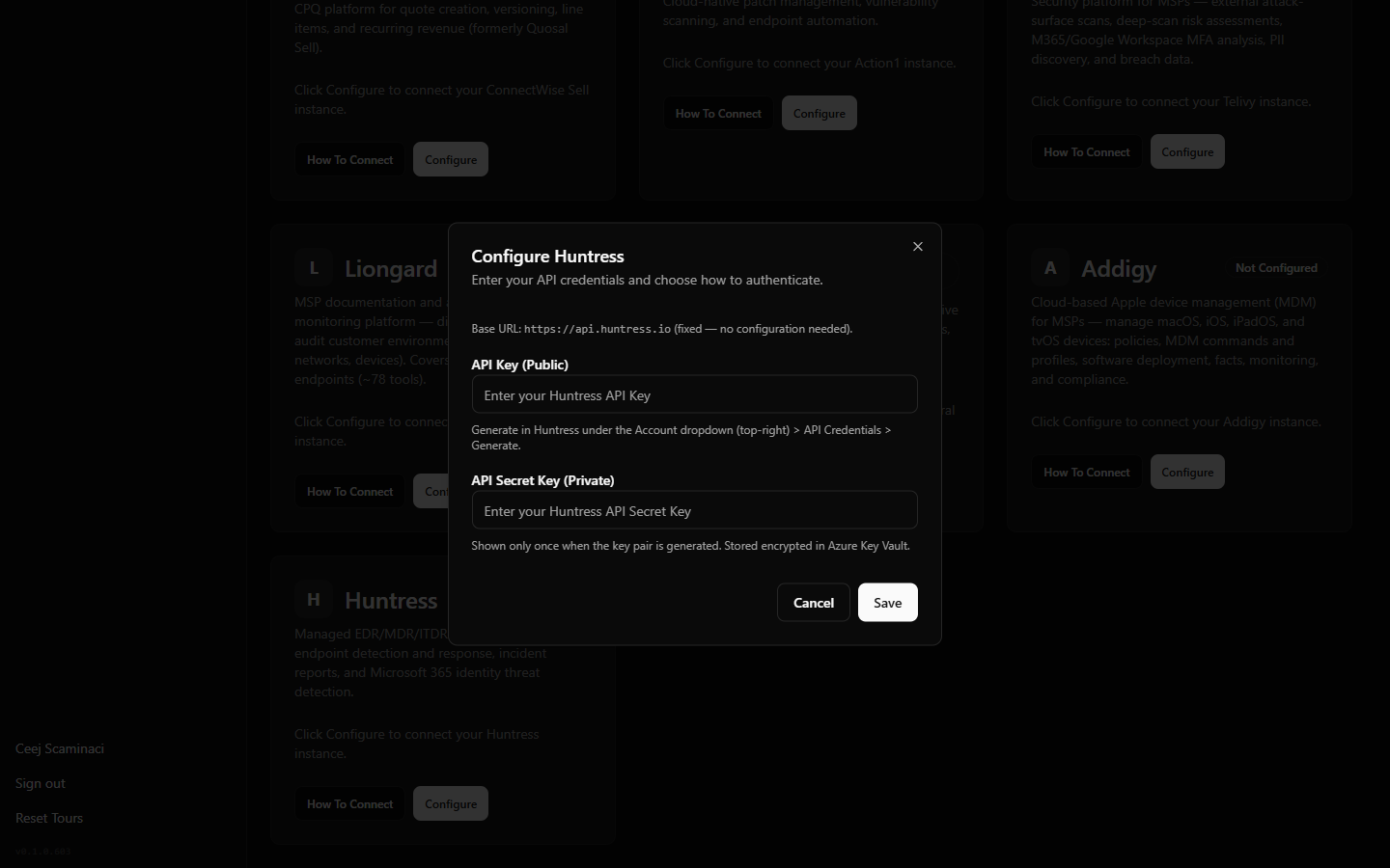 StackJack Connectors page with the Huntress Configure dialog open, showing the API Key and API Secret Key fields