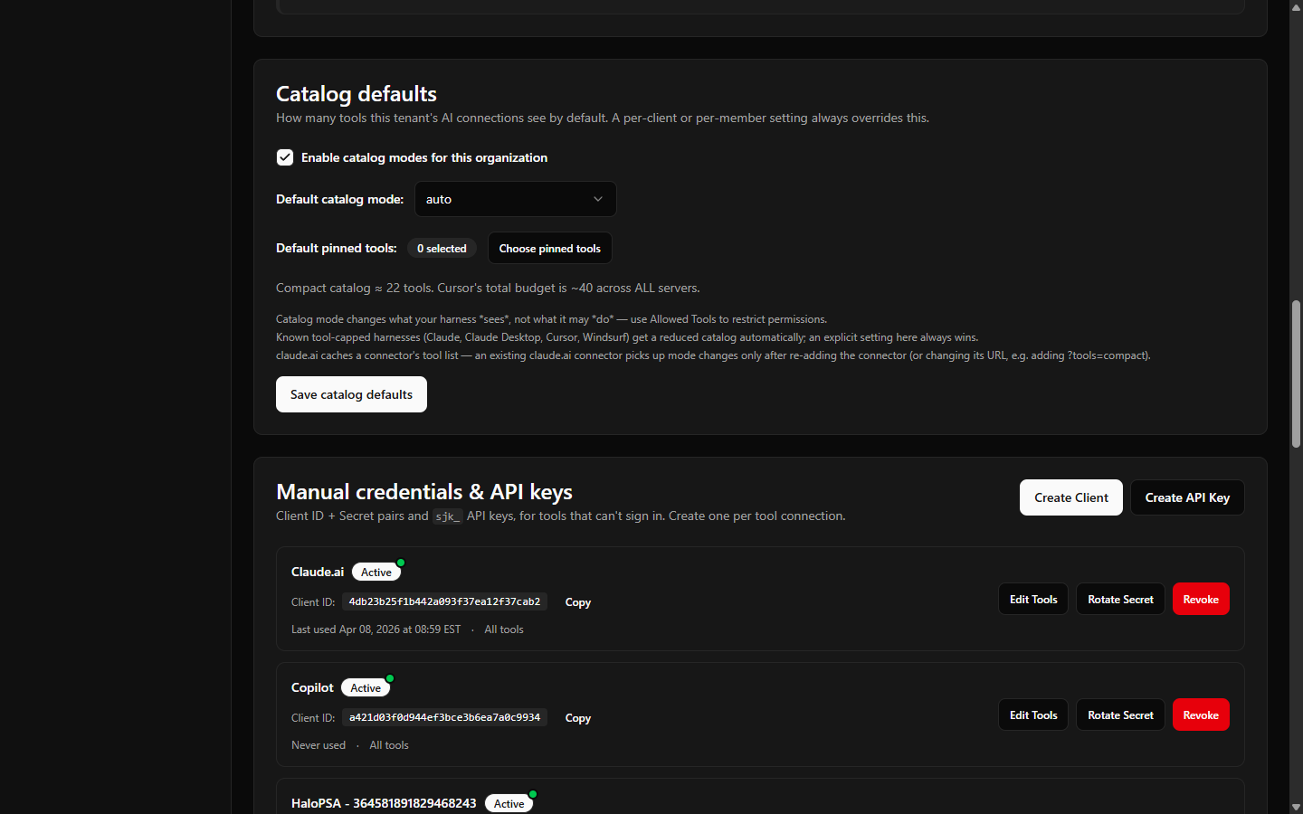 The Catalog defaults section on the Endpoints page — the "Enable catalog modes for this organization" opt-in toggle, the Default catalog mode selector, and the pinned-tools picker.
