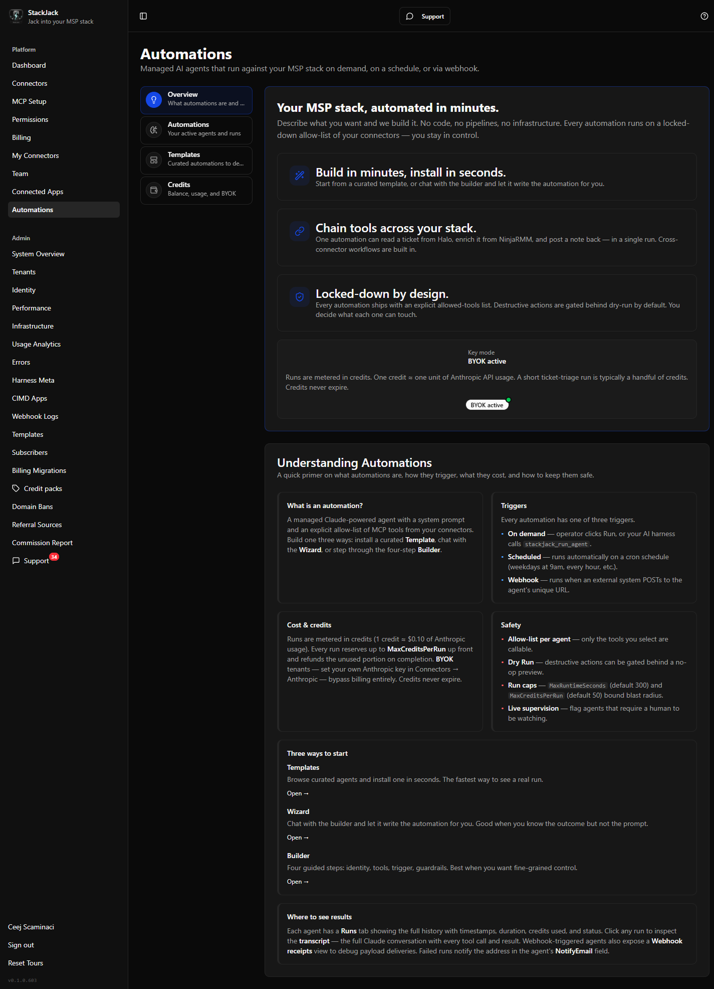 The Automations page Overview tab, showing the hero card and the "Understanding Automations" primer.