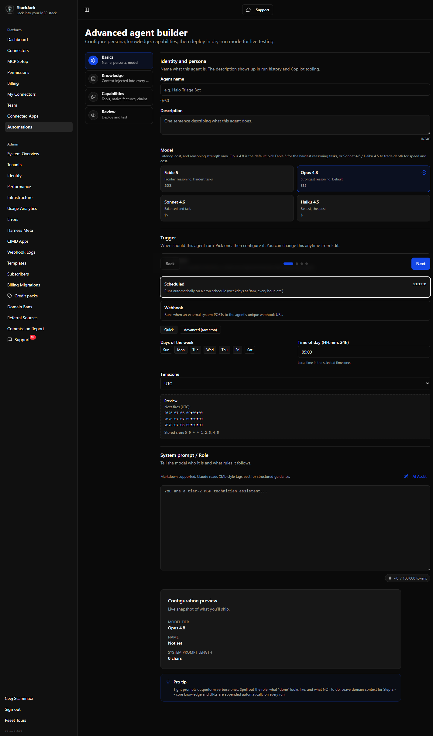Schedule editor showing cron expression and timezone fields