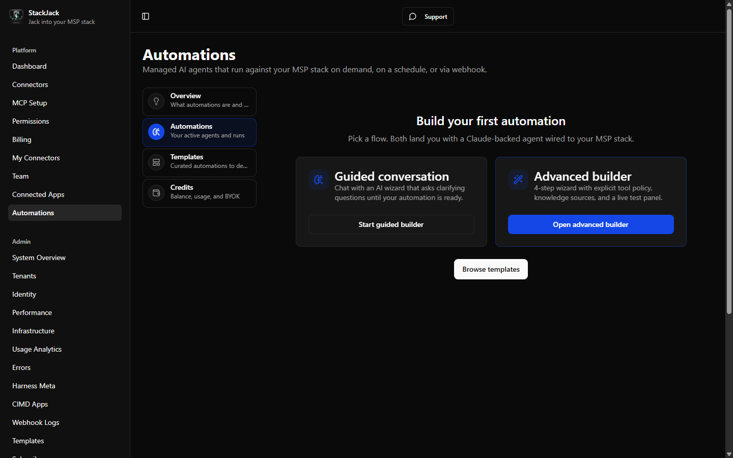 The Automations page with the left rail visible and the Automations tab active, shown here in its first-run empty state with the two build-mode cards.