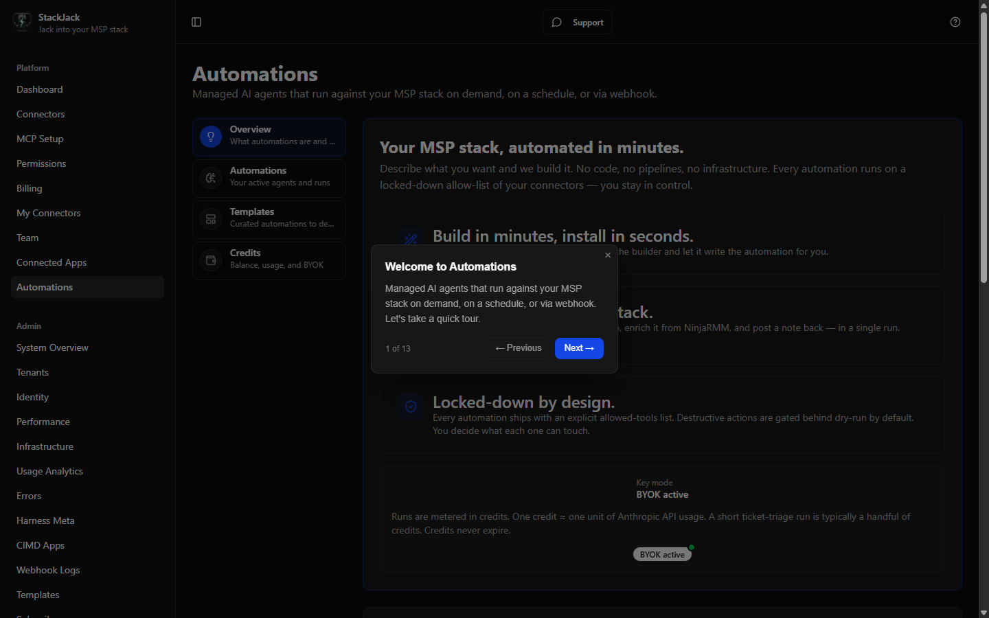 The first-visit tour welcome dialog over the Automations page.