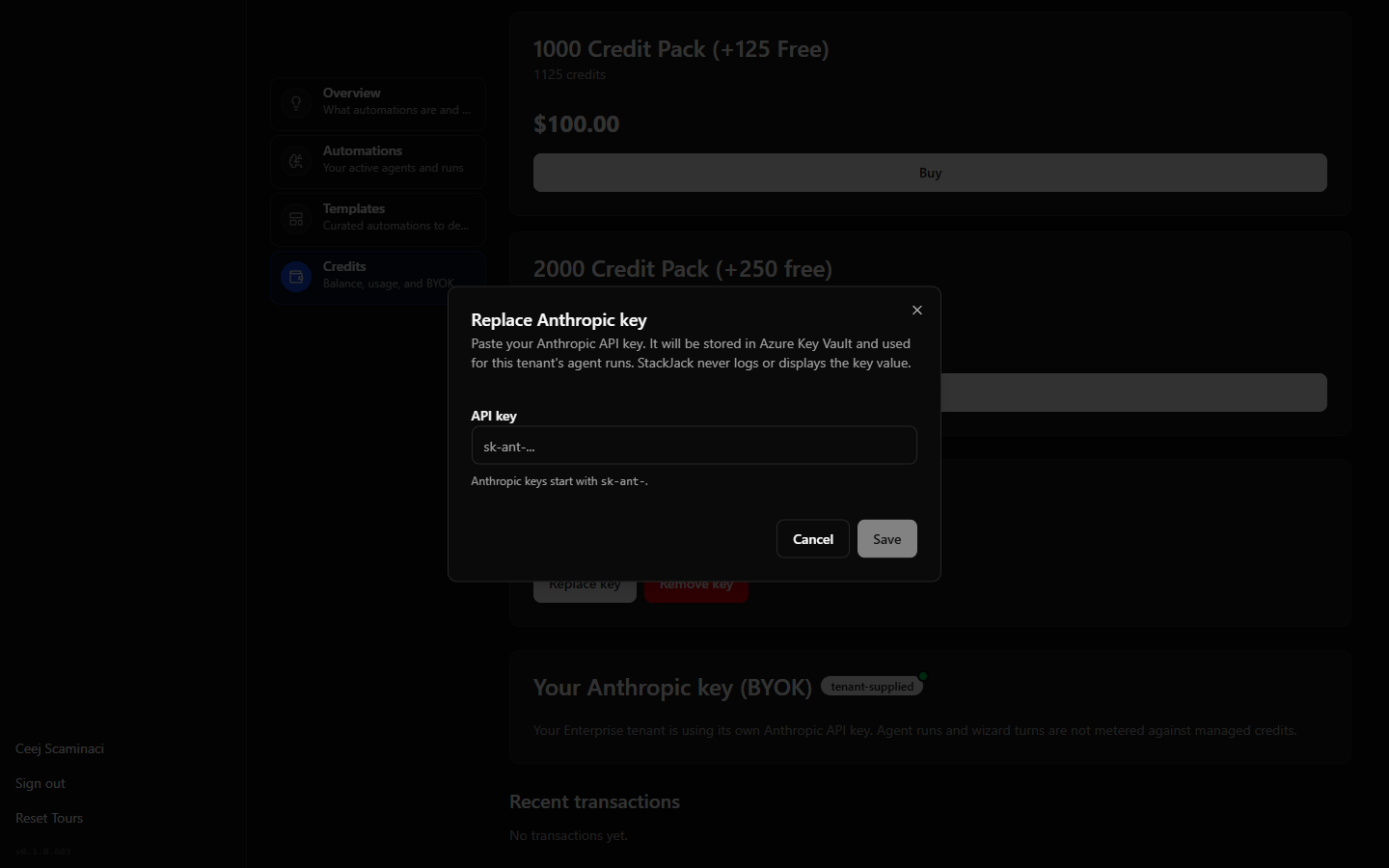 BYOK card on the Credits tab with the key entry field