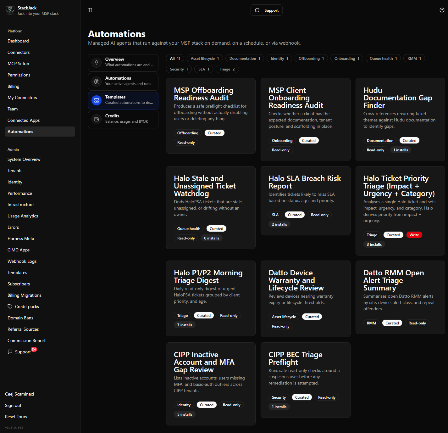 The template gallery with category chips and cards showing Curated/Community and risk badges.