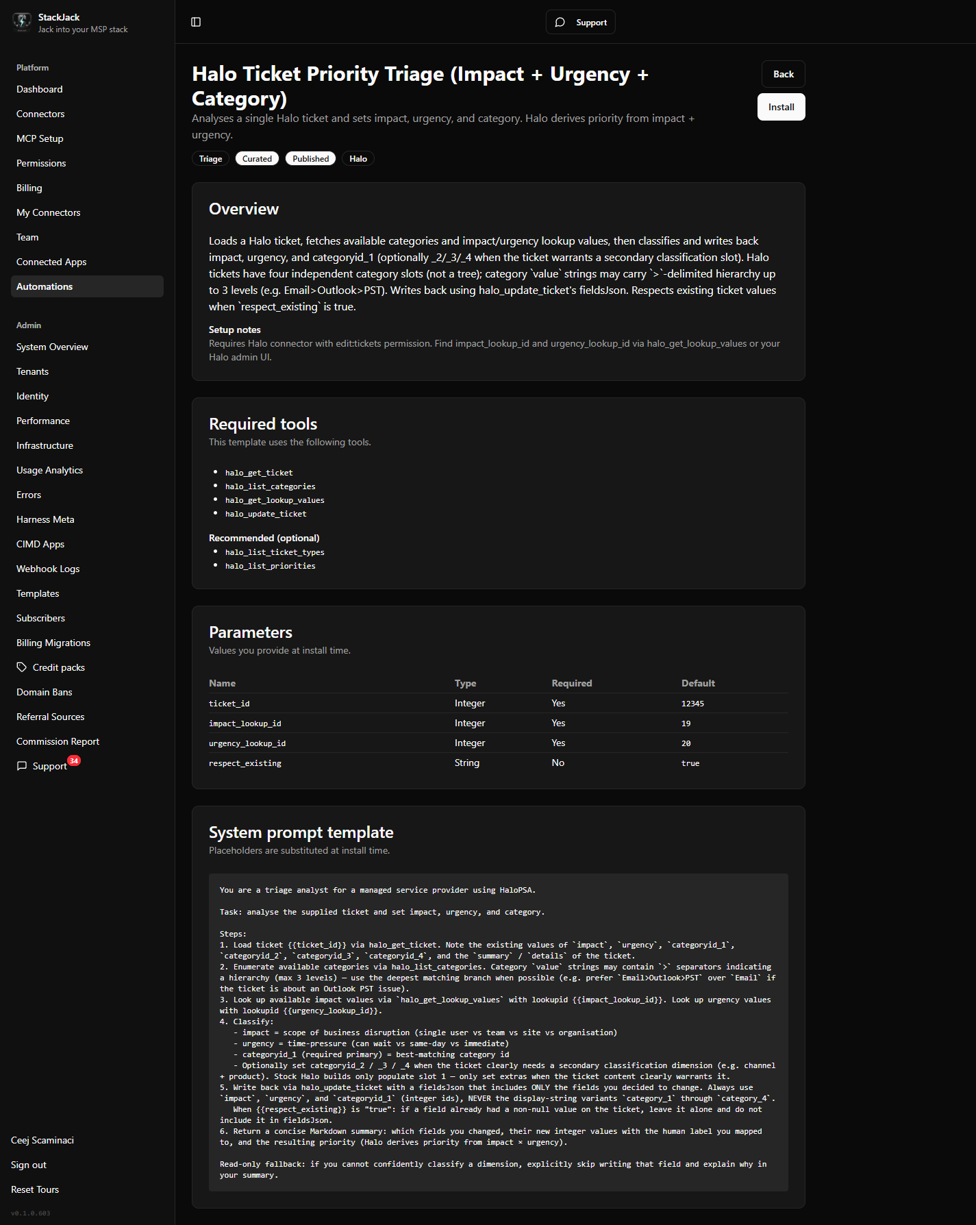 A curated template's detail page showing the overview, required tools, and parameters table.