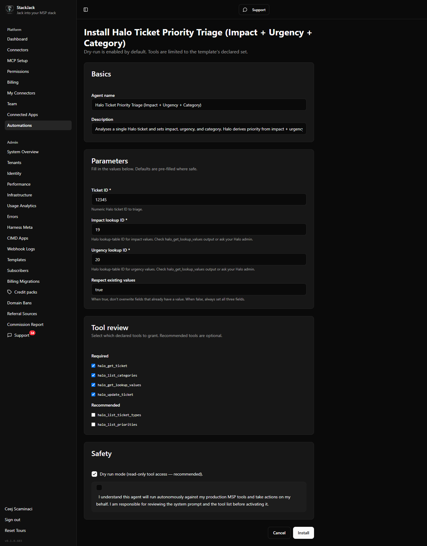 The guided install stepper showing the prerequisites, configure, and review steps.