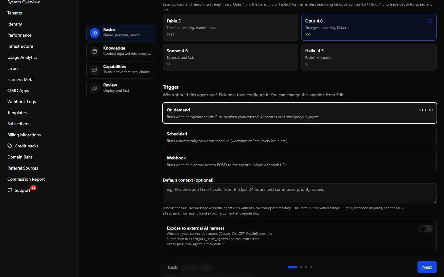 The trigger type selector showing the three trigger cards (On demand / Scheduled / Webhook).