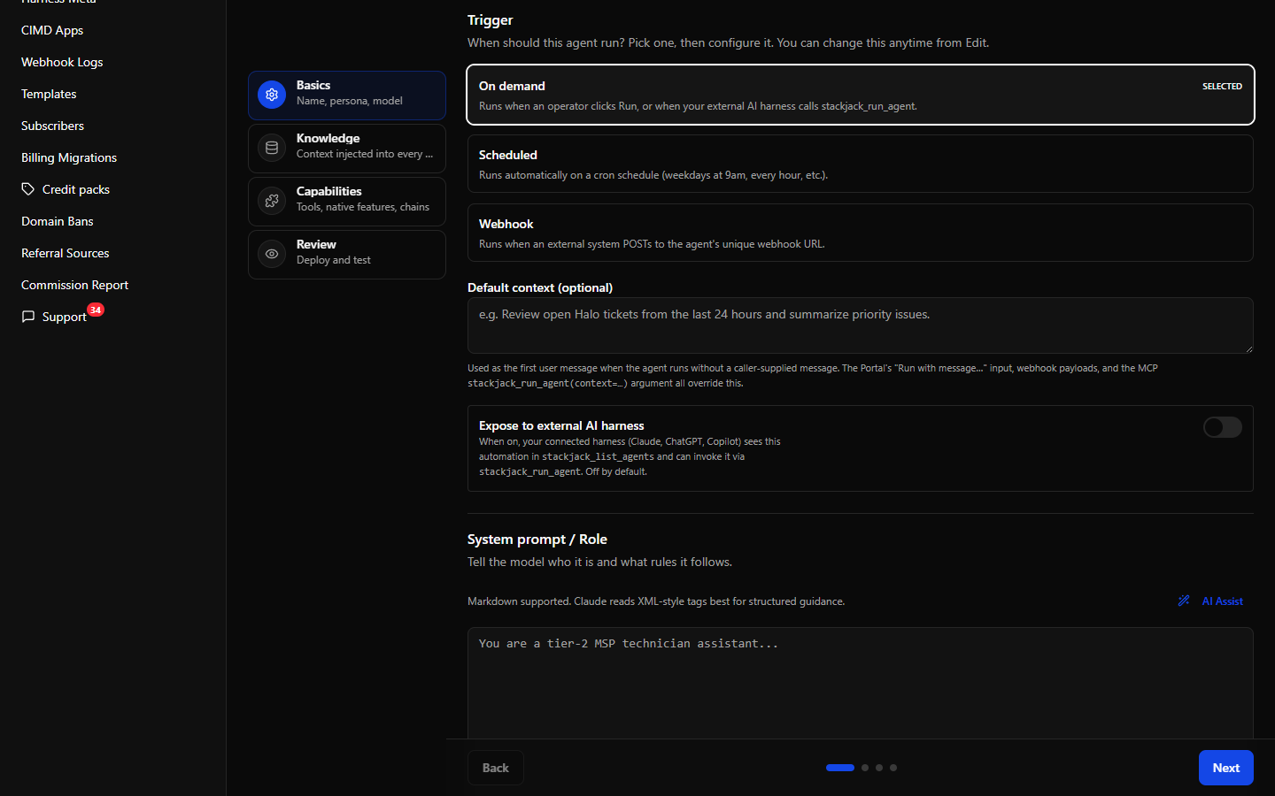 The On-demand trigger editor showing the Default context textarea and the "Expose to external AI harness" switch.