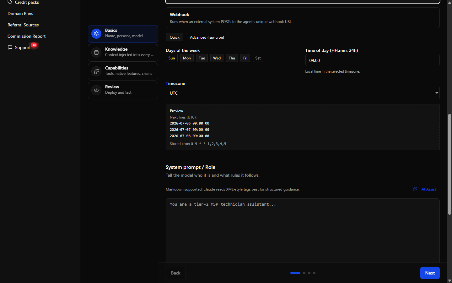 The Scheduled trigger editor in Quick mode with day buttons, time field, timezone dropdown, and the preview panel showing next fire times.