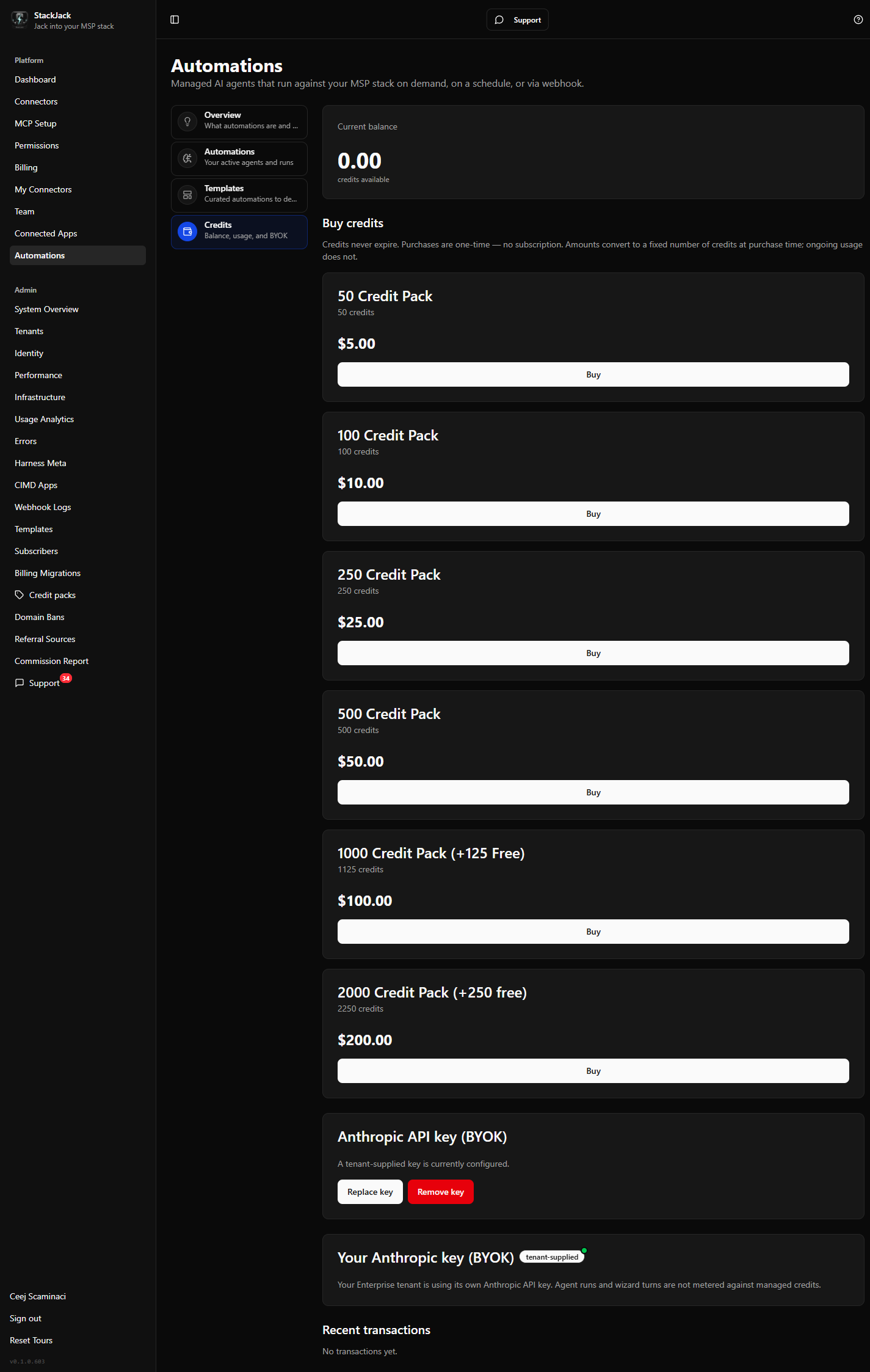 The Credits tab showing a positive balance, the Buy credits pack grid, the key-mode indicator card, and the Recent transactions table.