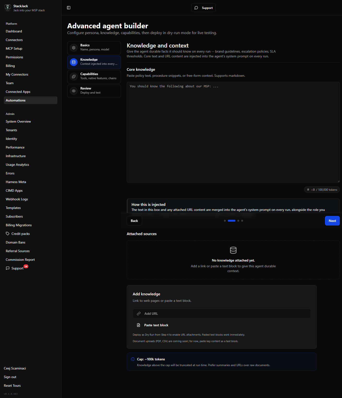 Builder Step 2 (Knowledge and context) showing the Core knowledge textarea with its live counter, the Attached sources list, and the Add knowledge card with Upload document, Add URL, and Paste text block buttons.