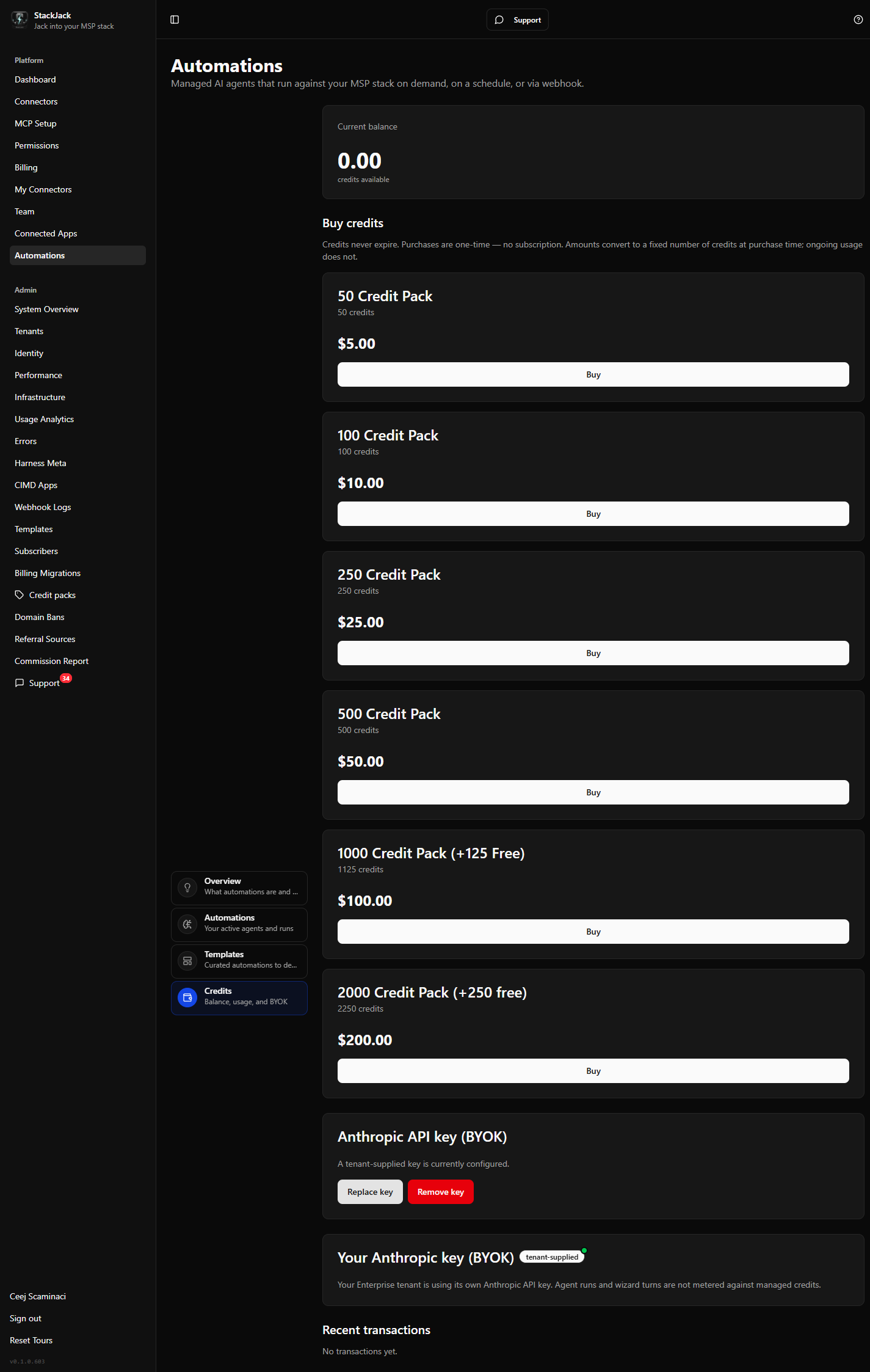 The Credits tab showing a positive balance card, the credit-pack cards with Buy buttons, and the "Managed Anthropic credentials" indicator card.