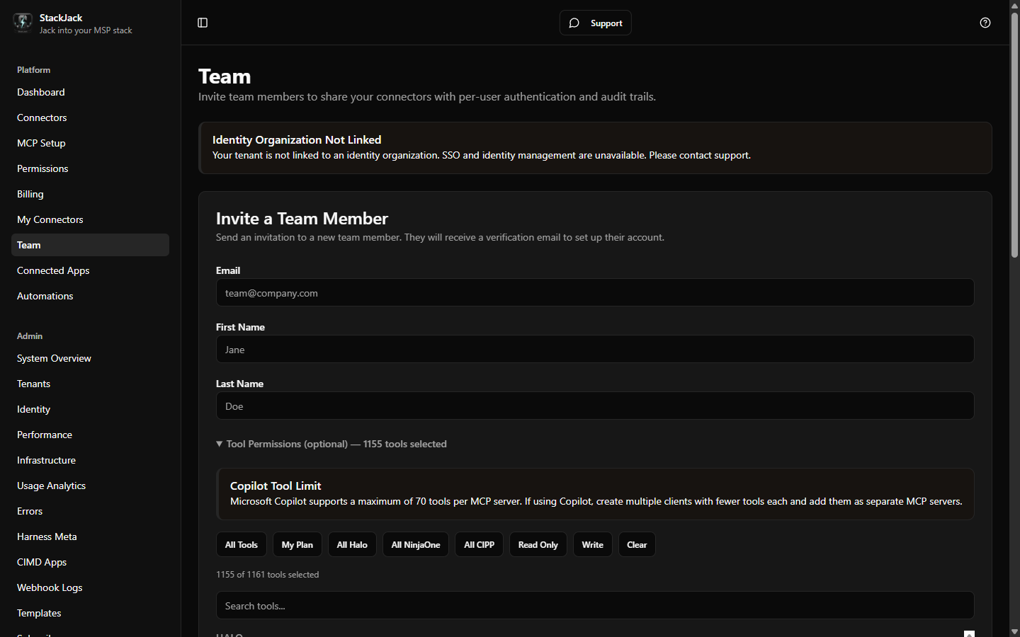 The Team page invite form with the Tool Permissions section expanded showing the tool selector