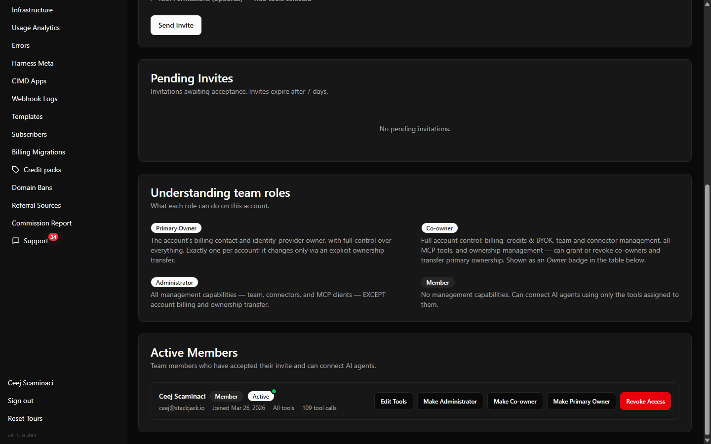 The Active Members list showing several rows with role badges, tool labels, and the per-row action buttons