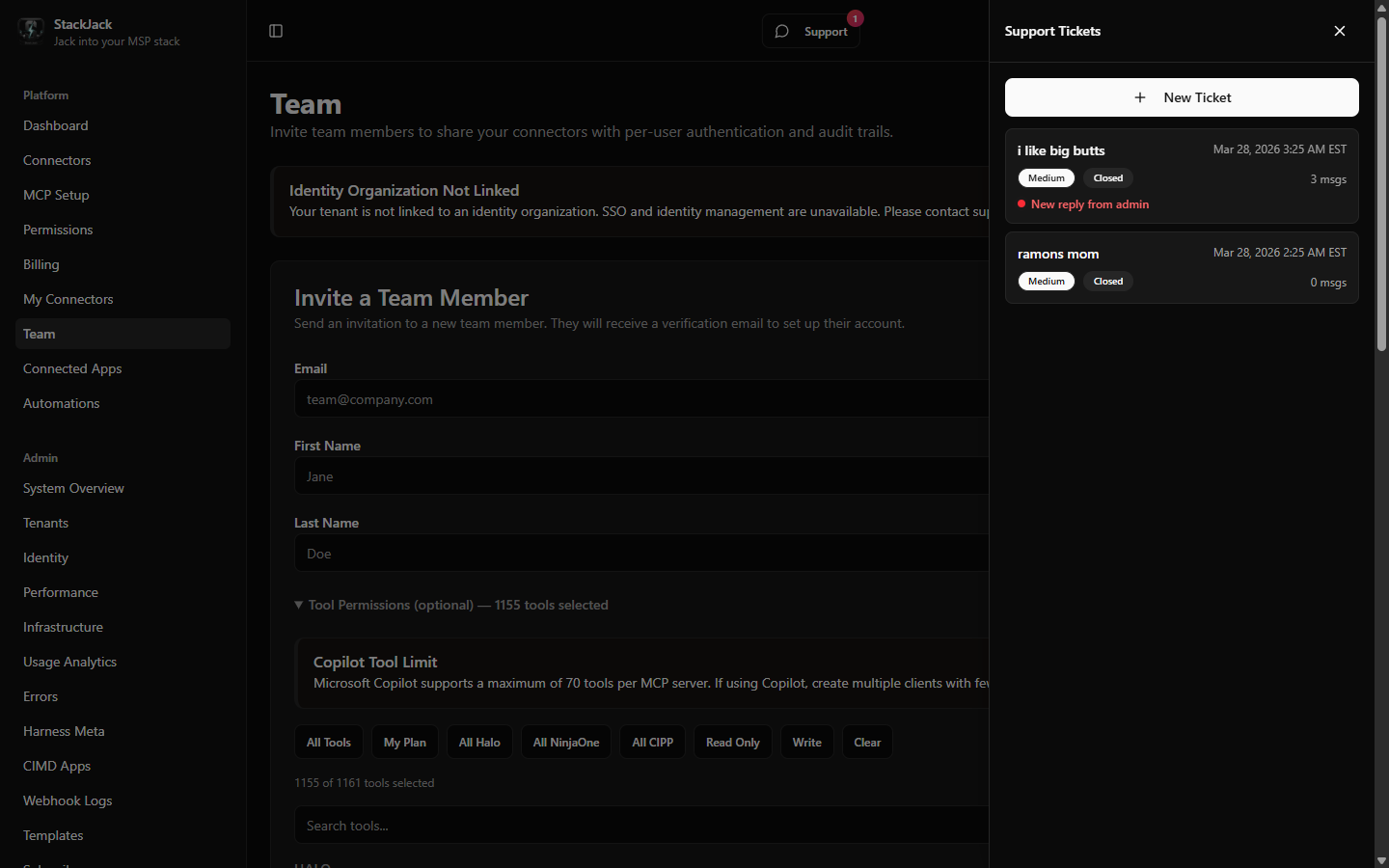 The drawer ticket list with several tickets — at least one showing the red "New reply from admin" indicator and one closed ticket at the bottom.